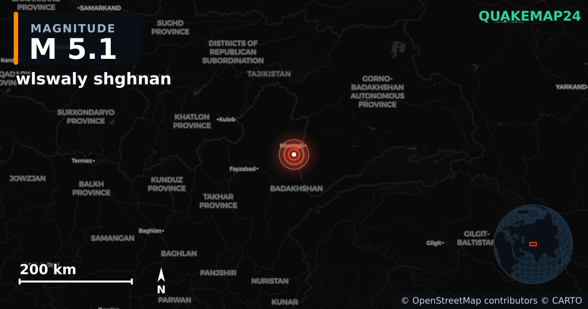 M5.1 earthquake near wlswaly shghnan on Apr 27, 2026 — map of epicenter and shaking intensity | QuakeMap24