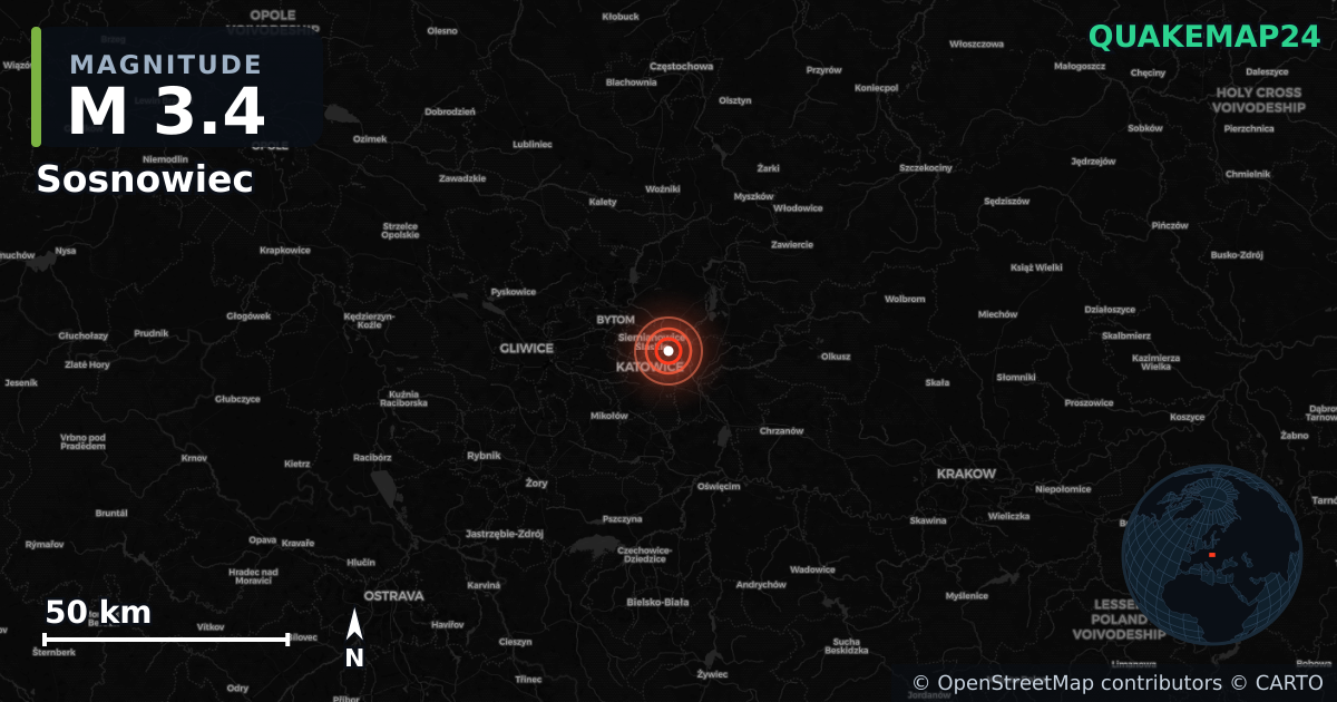 M3.4 earthquake near Sosnowiec on Nov 17, 2025 — map of epicenter and shaking intensity | QuakeMap24