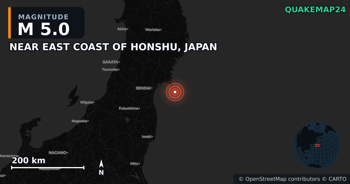 Erdbeben M5,0 bei NEAR EAST COAST OF HONSHU, JAPAN — Karte der Lage des Epizentrums