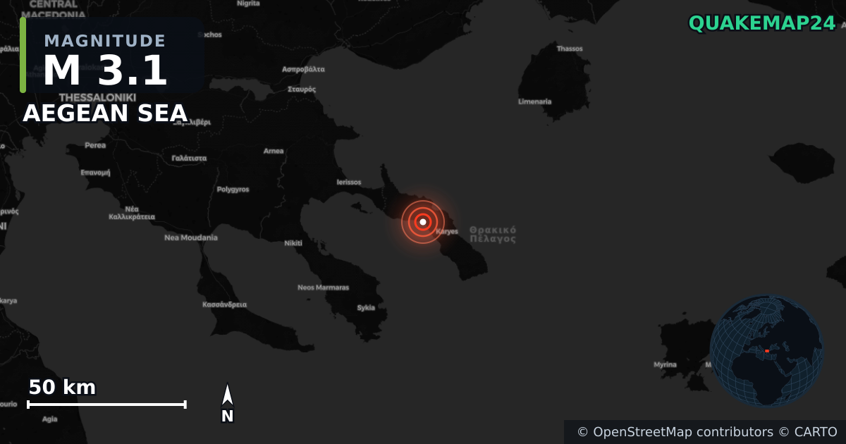 M3.1 earthquake near AEGEAN SEA on Jun 10, 2025 — map of epicenter and shaking intensity | QuakeMap24