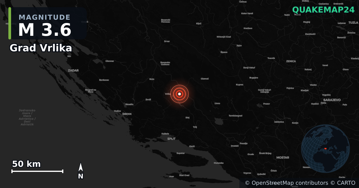 M3.6 earthquake near Grad Vrlika on May 25, 2026 — map of epicenter and shaking intensity | QuakeMap24