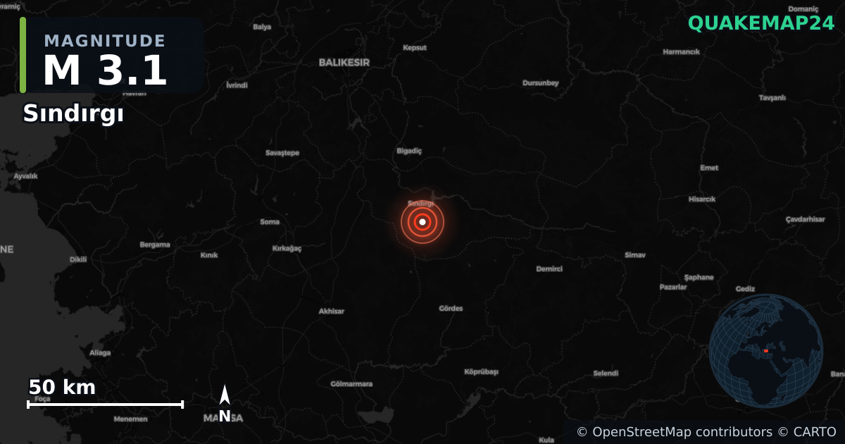 M3.1 earthquake near Sındırgı on Aug 12, 2025 — map of epicenter and shaking intensity | QuakeMap24