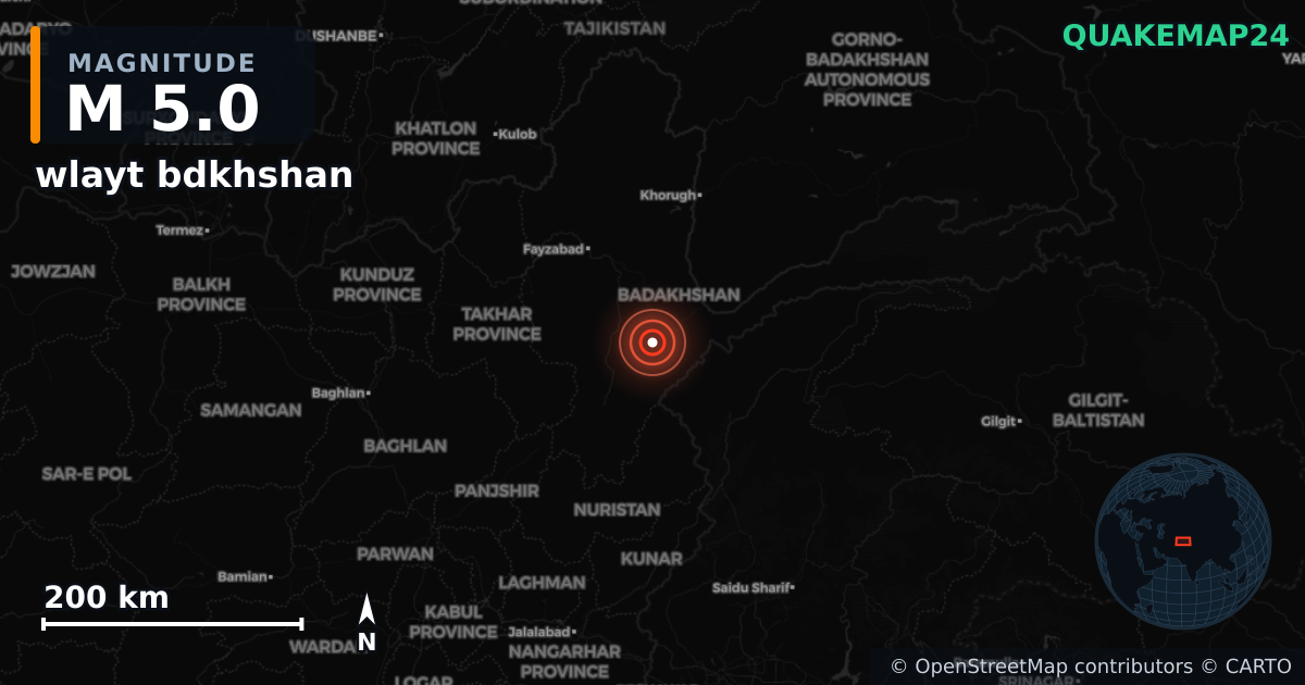 M5.0 earthquake near wlayt bdkhshan on Oct 21, 2025 — map of epicenter and shaking intensity | QuakeMap24