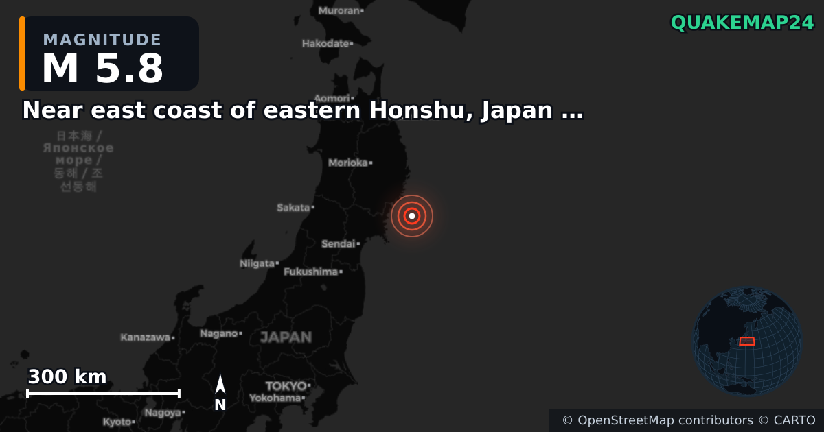 M5.8 earthquake near Near east coast of eastern Honshu, Japan [Sea: Japan] on Aug 21, 2025 — map of epicenter and shaking intensity | QuakeMap24