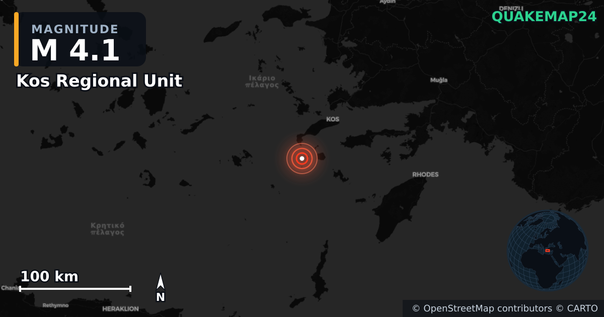 M4.1 earthquake near Kos Regional Unit on Jul 12, 2026 — map of epicenter and shaking intensity | QuakeMap24