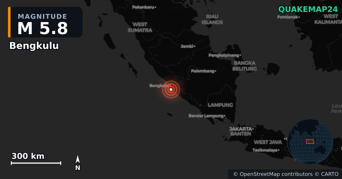 M5.8 earthquake near Bengkulu on May 22, 2025 — map of epicenter and shaking intensity | QuakeMap24