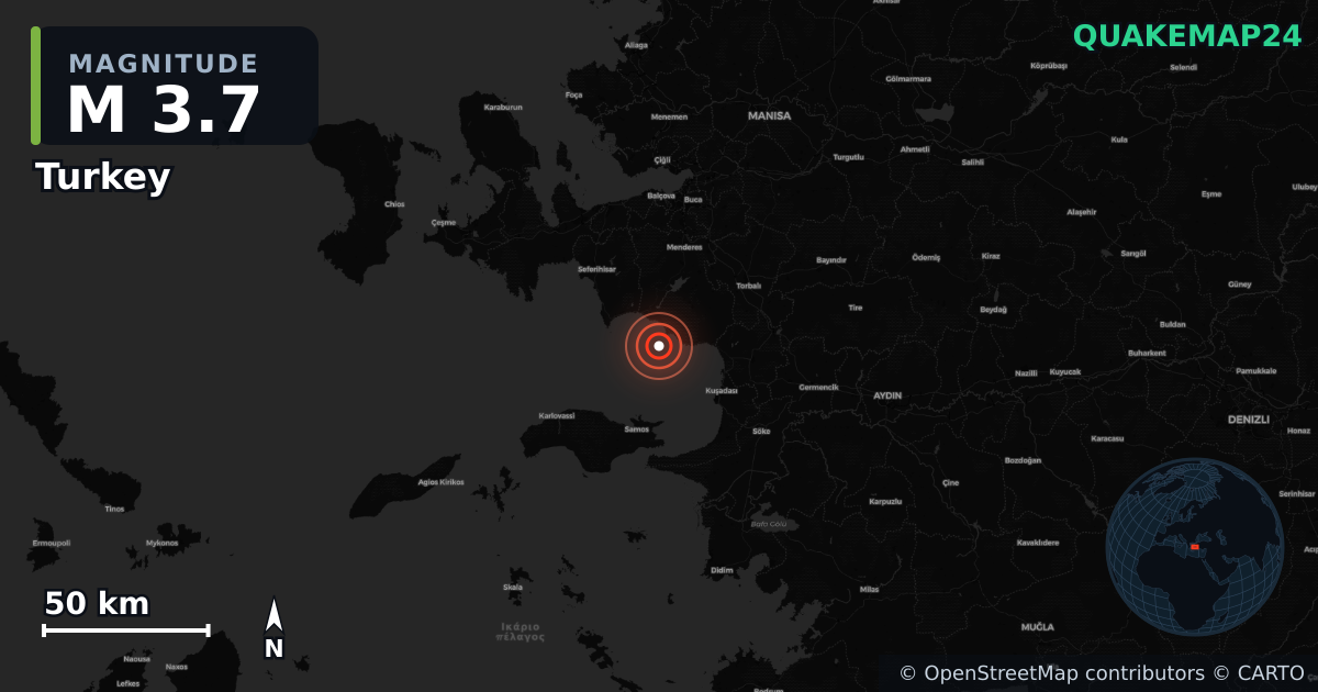 M3.7 earthquake near Turkey on Nov 18, 2025 — map of epicenter and shaking intensity | QuakeMap24