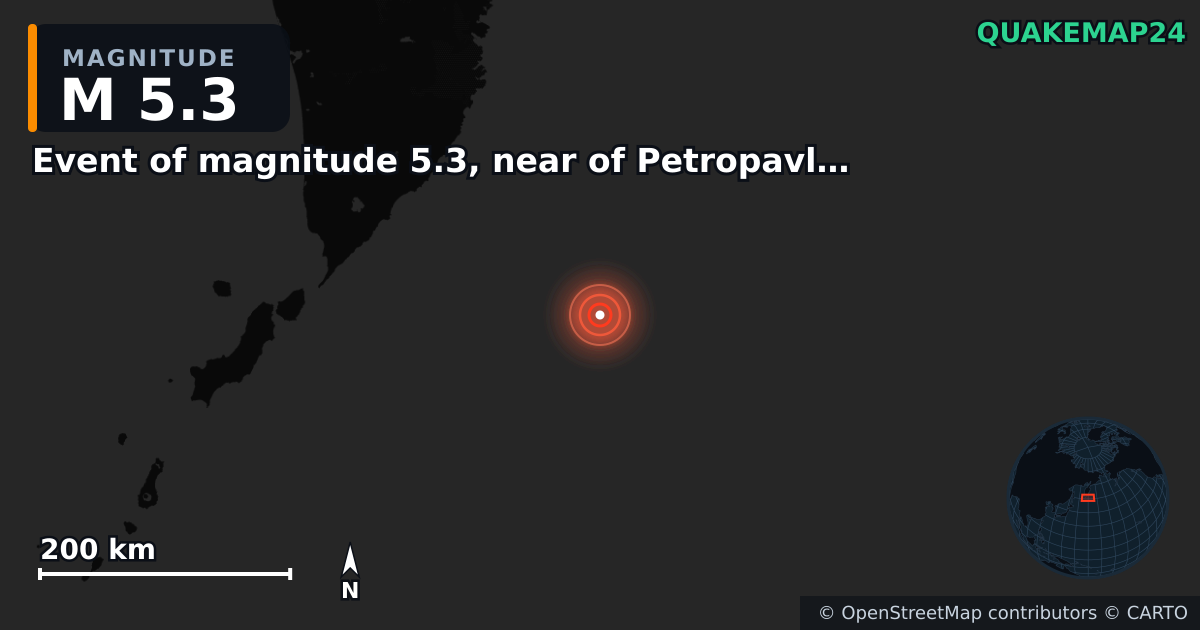 M5.3 earthquake near Event of magnitude 5.3, near of Petropavlovsk Kamchatskiy (Monde) on Dec 9, 2025 — map of epicenter and shaking intensity | QuakeMap24