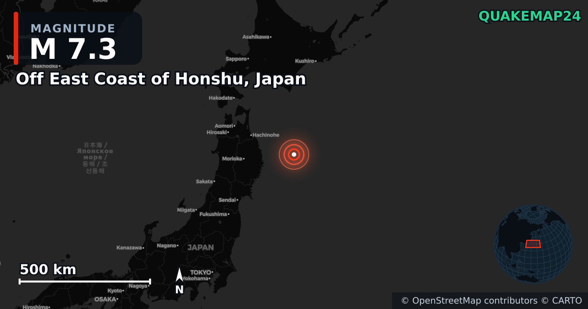 M7.3 Earthquake near Off East Coast of Honshu, Japan · 2026-04-20 — Map showing the location of the epicenter