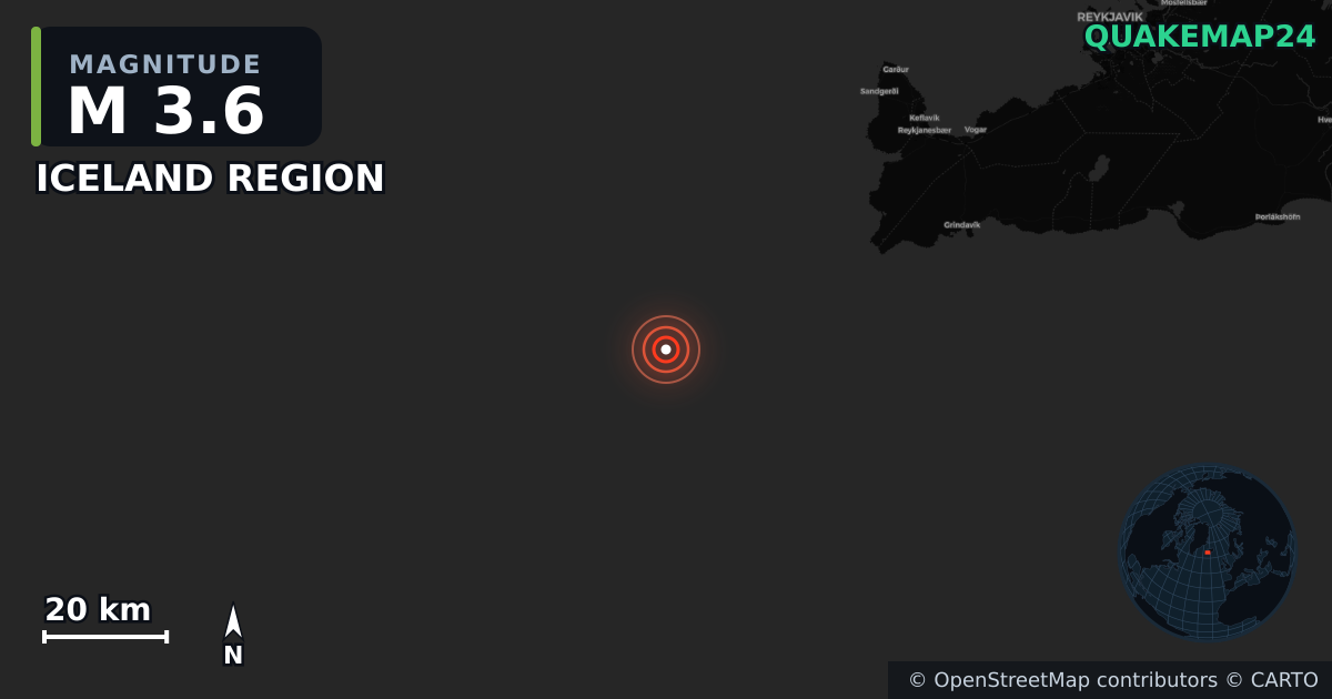 M3.6 earthquake near ICELAND REGION on May 16, 2025 — map of epicenter and shaking intensity | QuakeMap24
