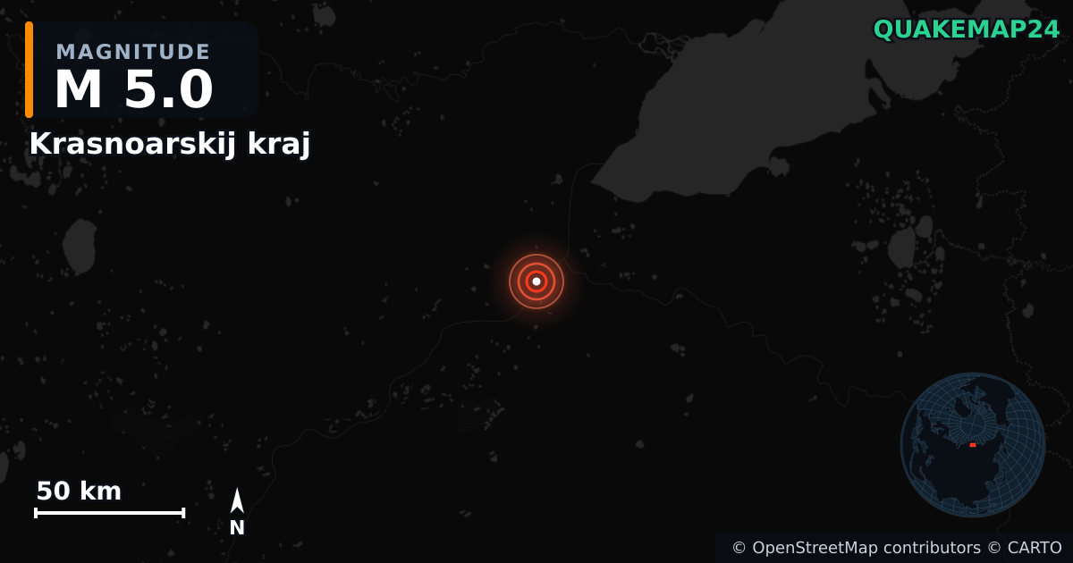 M5.0 earthquake near Krasnoarskij kraj on Jul 30, 2025 — map of epicenter and shaking intensity | QuakeMap24