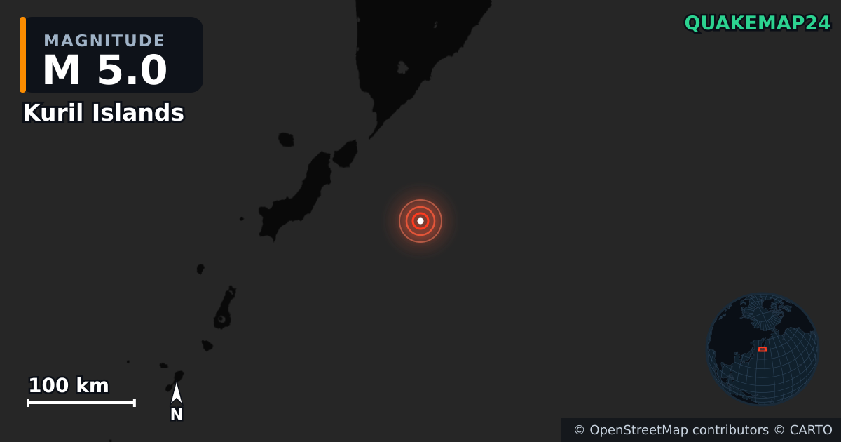 M5.0 earthquake near Kuril Islands on Aug 2, 2025 — map of epicenter and shaking intensity | QuakeMap24