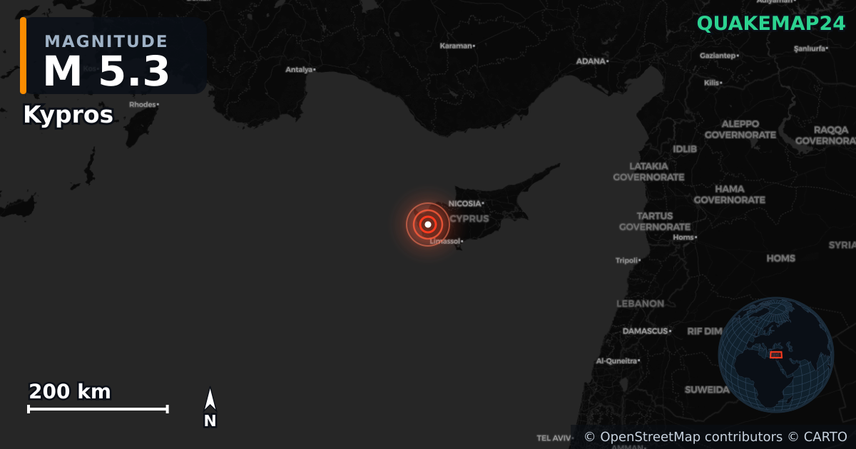 M5.3 earthquake near Kypros on Nov 12, 2025 — map of epicenter and shaking intensity | QuakeMap24