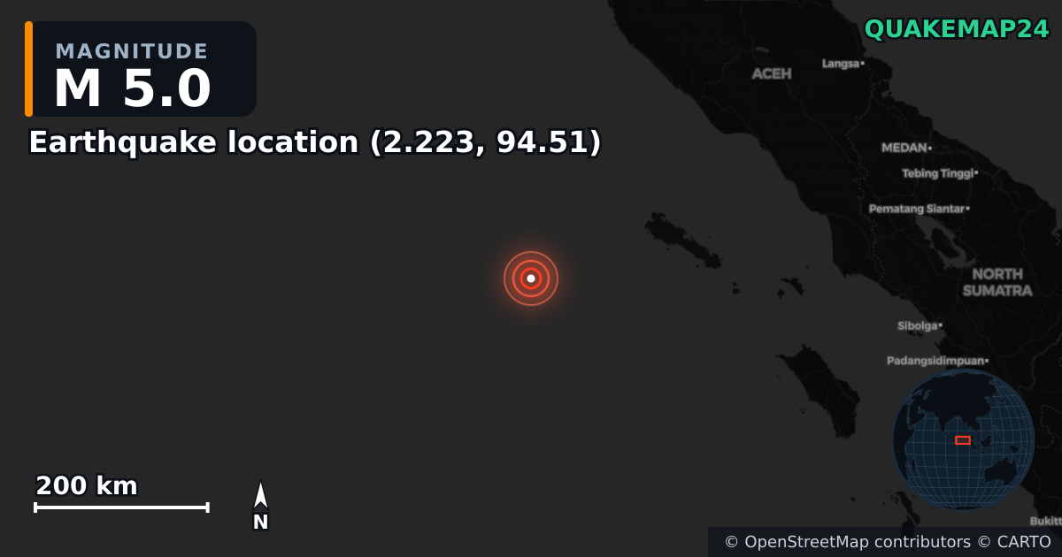 M5.0 earthquake near Local do sismo (2.223, 94.51) on Jun 25, 2025 — map of epicenter and shaking intensity | QuakeMap24