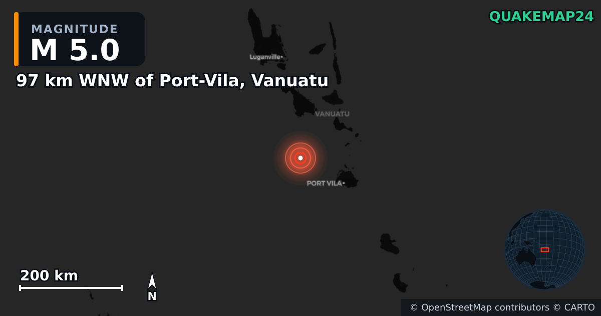 M5.0 earthquake near 97 km WNW of Port-Vila, Vanuatu on Feb 14, 2025 — map of epicenter and shaking intensity | QuakeMap24