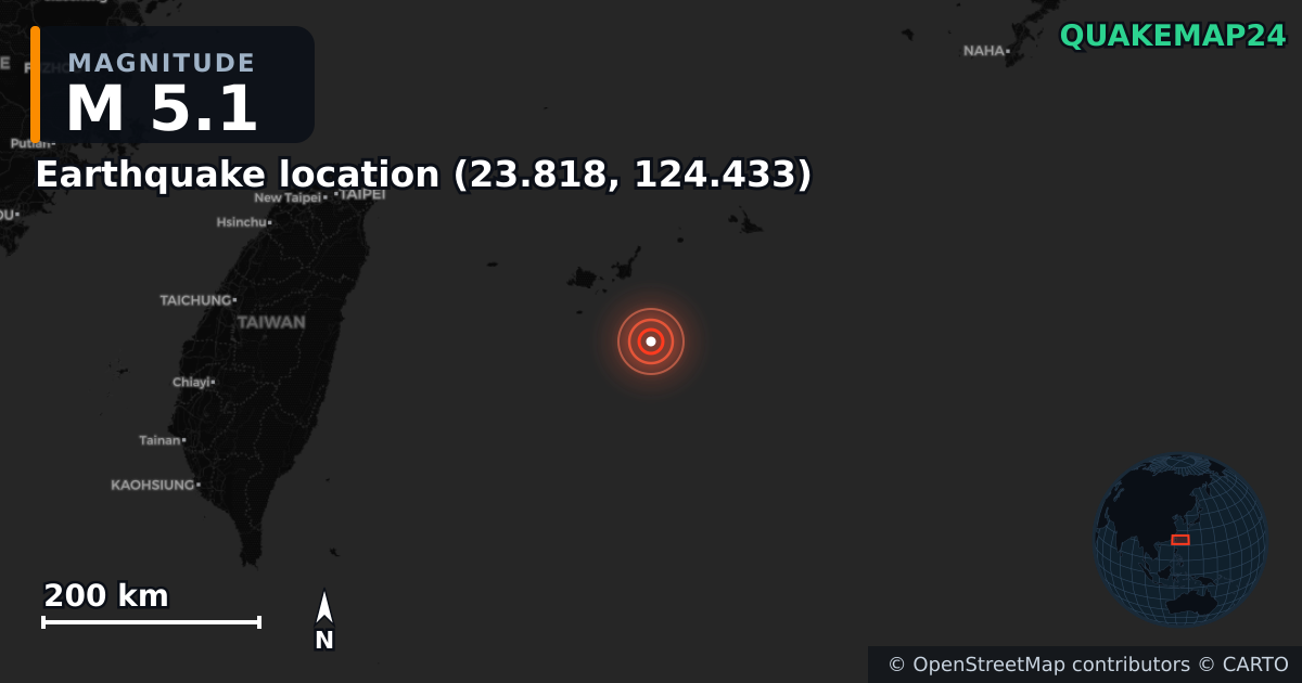 M5.1 earthquake near Deprem konumu (23.818, 124.433) on Feb 28, 2026 — map of epicenter and shaking intensity | QuakeMap24