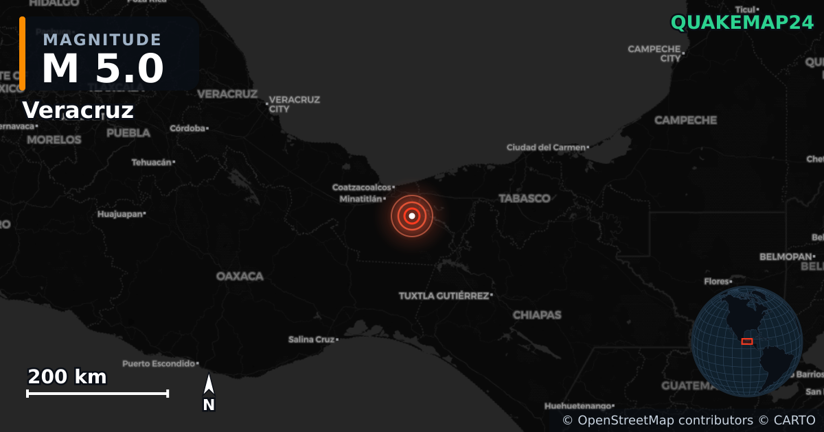 M5.0 earthquake near Veracruz on Nov 2, 2025 — map of epicenter and shaking intensity | QuakeMap24