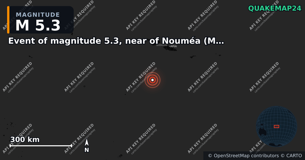 M5.3 earthquake near Event of magnitude 5.3, near of Nouméa (Monde) on Mar 22, 2026 — map of epicenter and shaking intensity | QuakeMap24