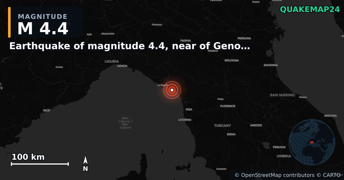 Erdbeben M4,4 bei Earthquake of magnitude 4.4, near of Genoa (Monde) · 2026-03-25 — Karte der Lage des Epizentrums