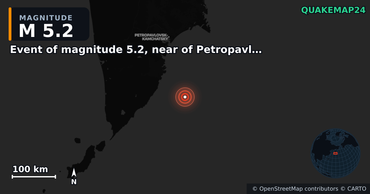 M5.2 earthquake near Event of magnitude 5.2, near of Petropavlovsk Kamchatskiy (Monde) on Sep 10, 2025 — map of epicenter and shaking intensity | QuakeMap24