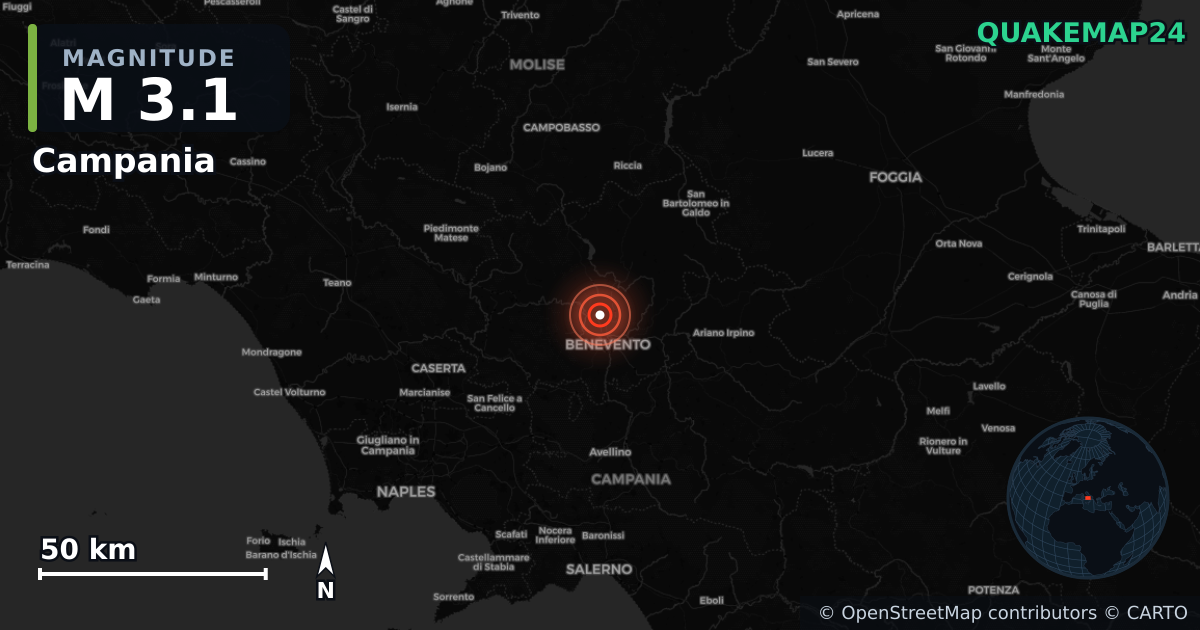 M3.1 earthquake near Campania on Sep 5, 2025 — map of epicenter and shaking intensity | QuakeMap24