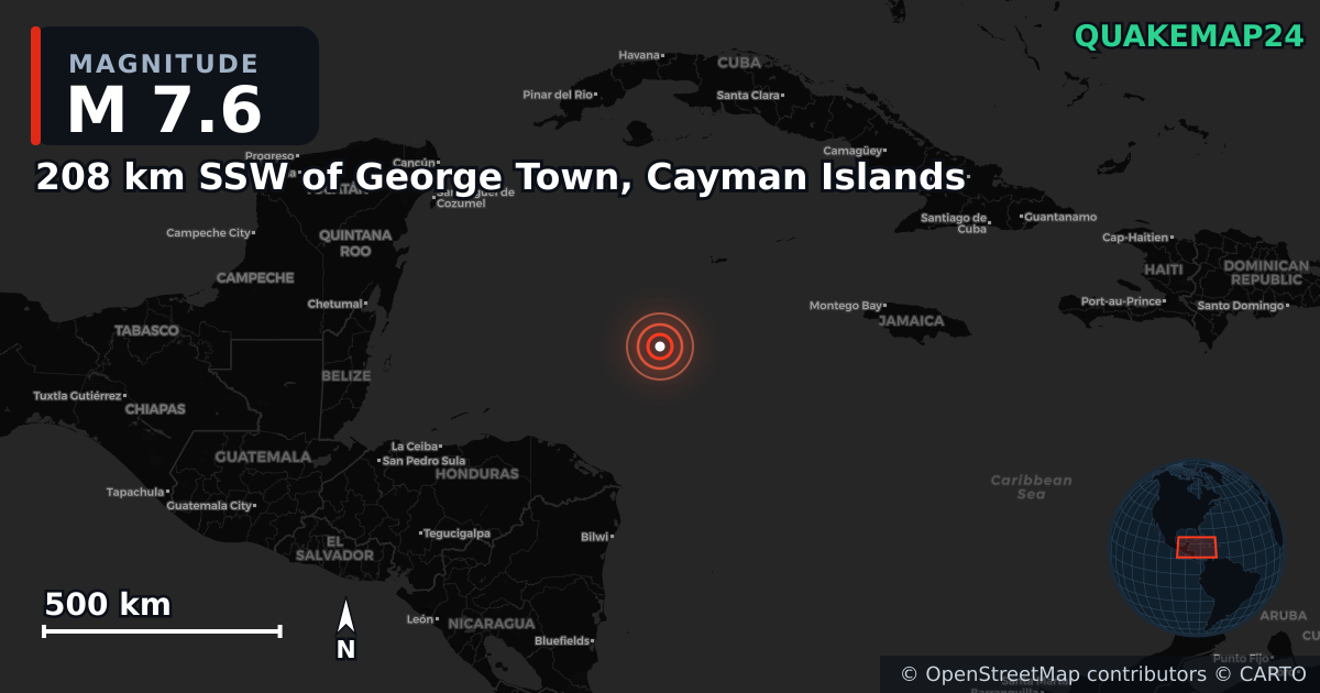 M7.6 earthquake near 208 km SSW of George Town, Cayman Islands on Feb 8, 2025 — map of epicenter and shaking intensity | QuakeMap24