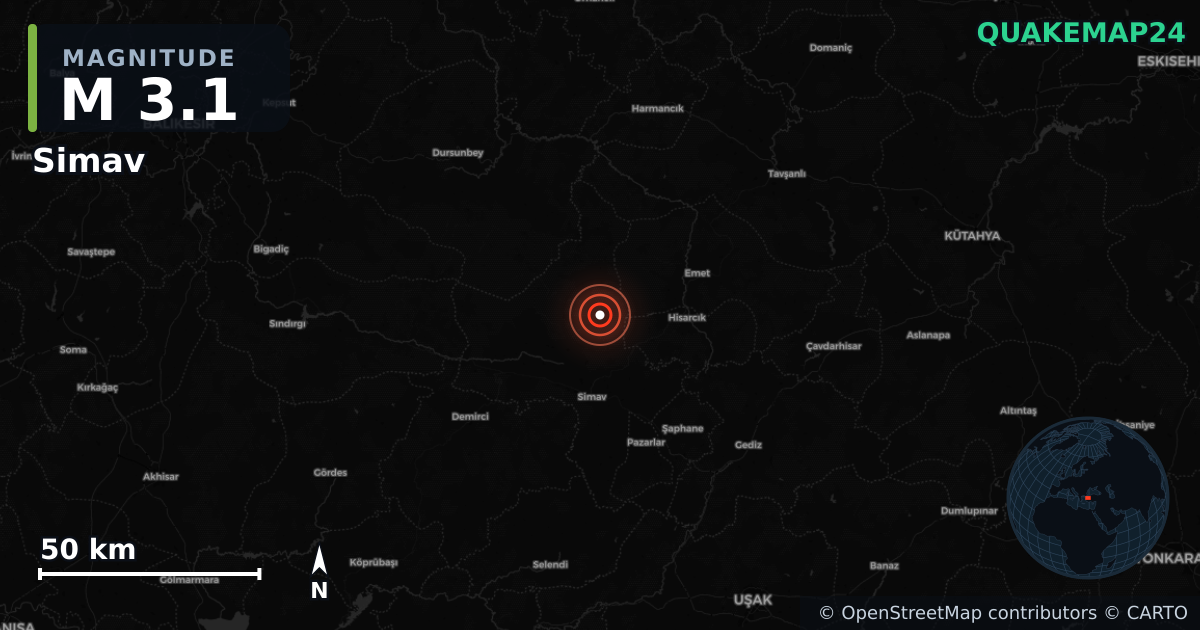 M3.1 earthquake near Simav on Jun 3, 2025 — map of epicenter and shaking intensity | QuakeMap24