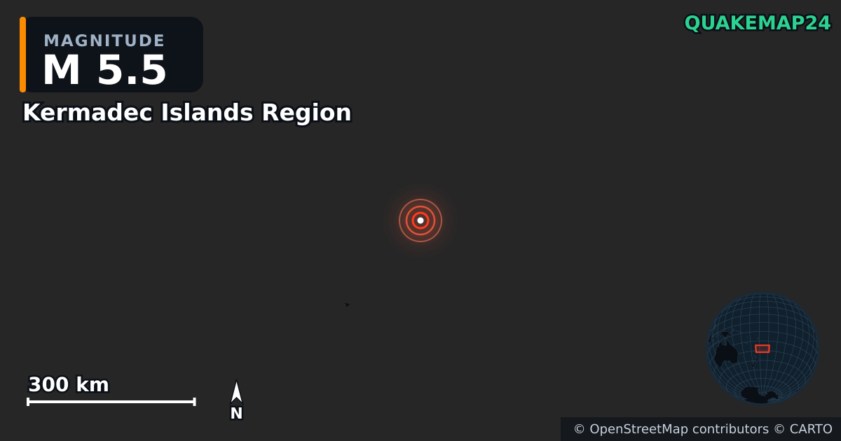 M5.5 earthquake near Kermadec Islands Region on Apr 29, 2025 — map of epicenter and shaking intensity | QuakeMap24
