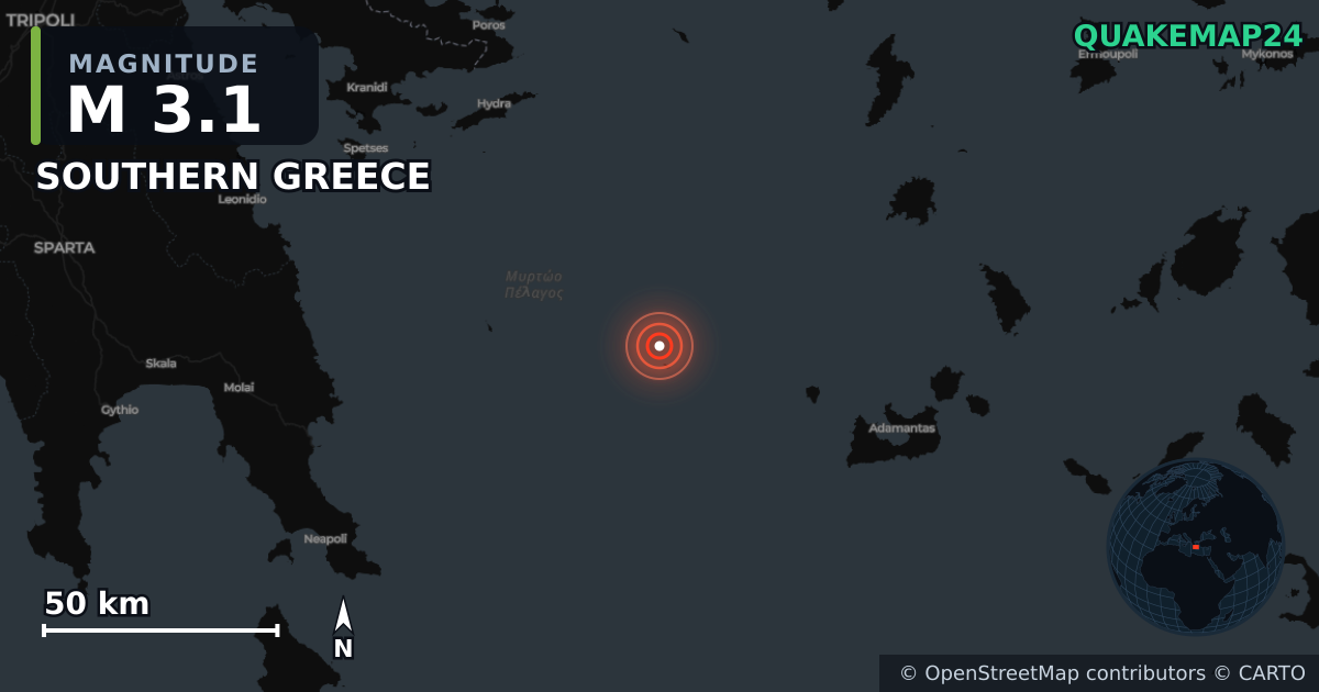 Σεισμός M3,1 κοντά στο SOUTHERN GREECE · 2026-04-26 — Χάρτης της θέσης του επικέντρου