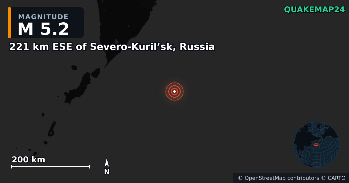 221 km ESE of Severo-Kuril’sk, Russia yakınında M5,2 deprem — Deprem merkez üssünün konumunu gösteren harita