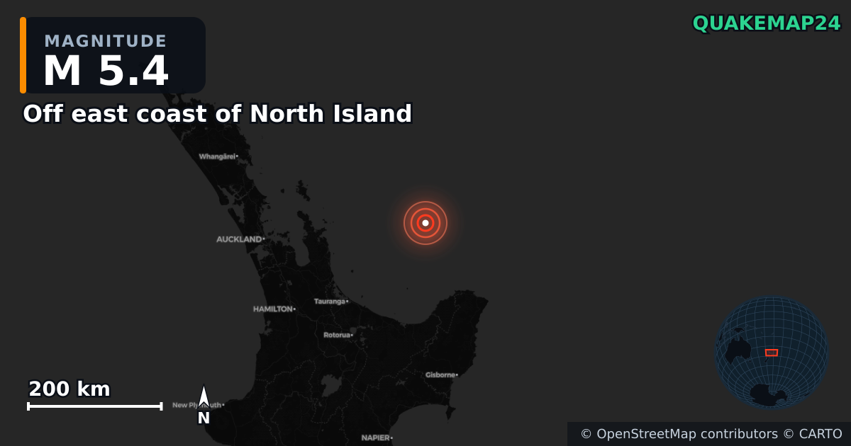 M5.4 earthquake near Off east coast of North Island on May 5, 2026 — map of epicenter and shaking intensity | QuakeMap24