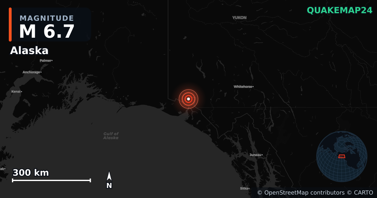 M6.7 earthquake near Alaska on Dec 6, 2025 — map of epicenter and shaking intensity | QuakeMap24