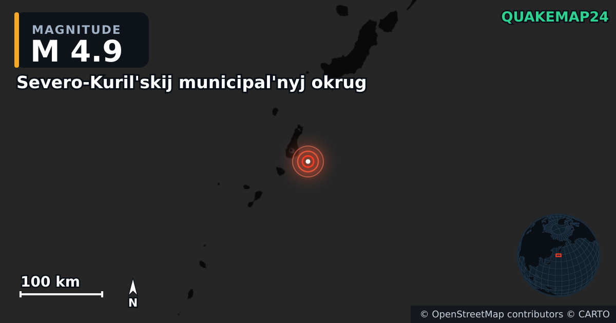 M4.9 earthquake near Severo-Kuril'skij municipal'nyj okrug on Jan 26, 2026 — map of epicenter and shaking intensity | QuakeMap24