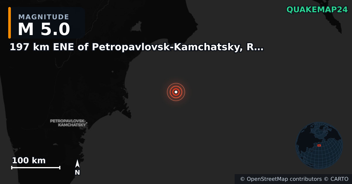 M5.0 earthquake near 197 km ENE of Petropavlovsk-Kamchatsky, Russia on Jan 14, 2026 — map of epicenter and shaking intensity | QuakeMap24