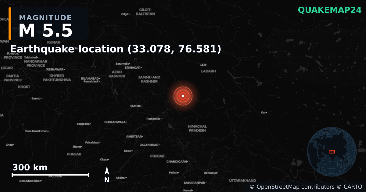M5.5 earthquake near Deprem konumu (33.078, 76.581) on Mar 13, 2025 — map of epicenter and shaking intensity | QuakeMap24
