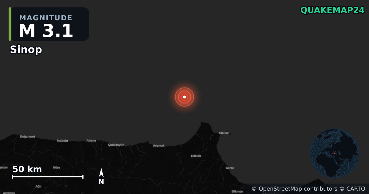 M3.1 earthquake near Sinop on Nov 12, 2025 — map of epicenter and shaking intensity | QuakeMap24