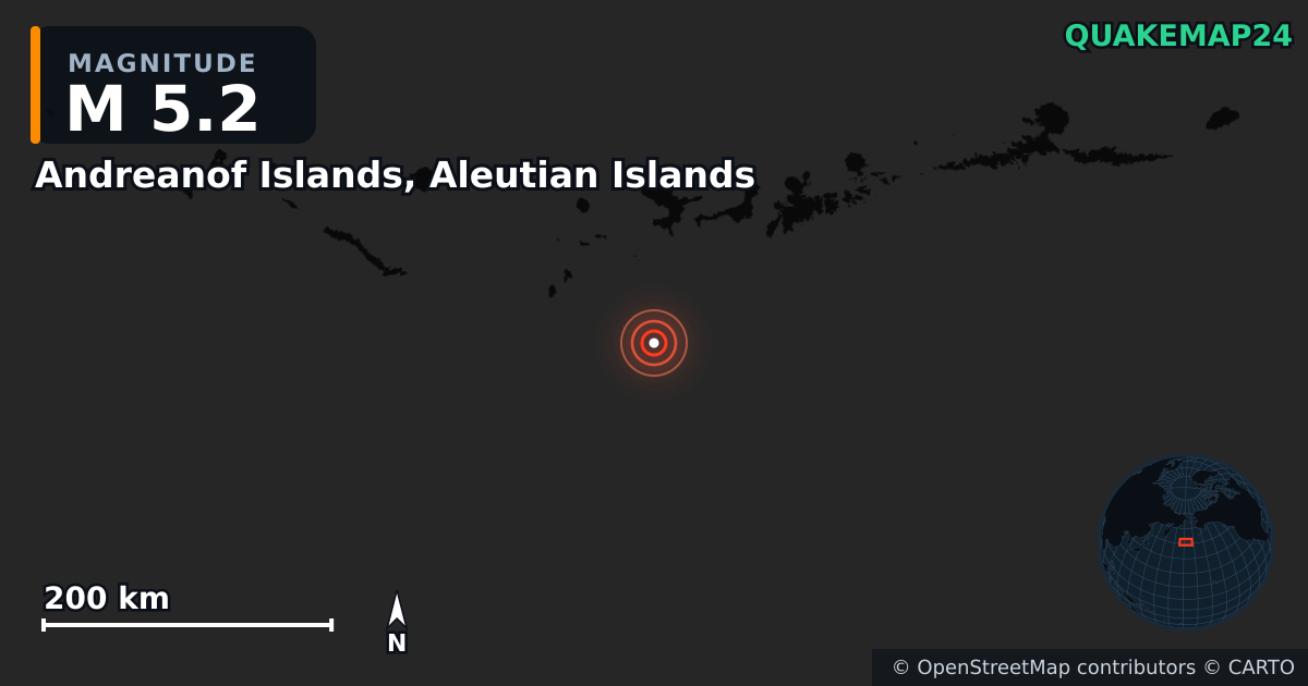 Andreanof Islands, Aleutian Islands yakınında M5,2 deprem — Deprem merkez üssünün konumunu gösteren harita