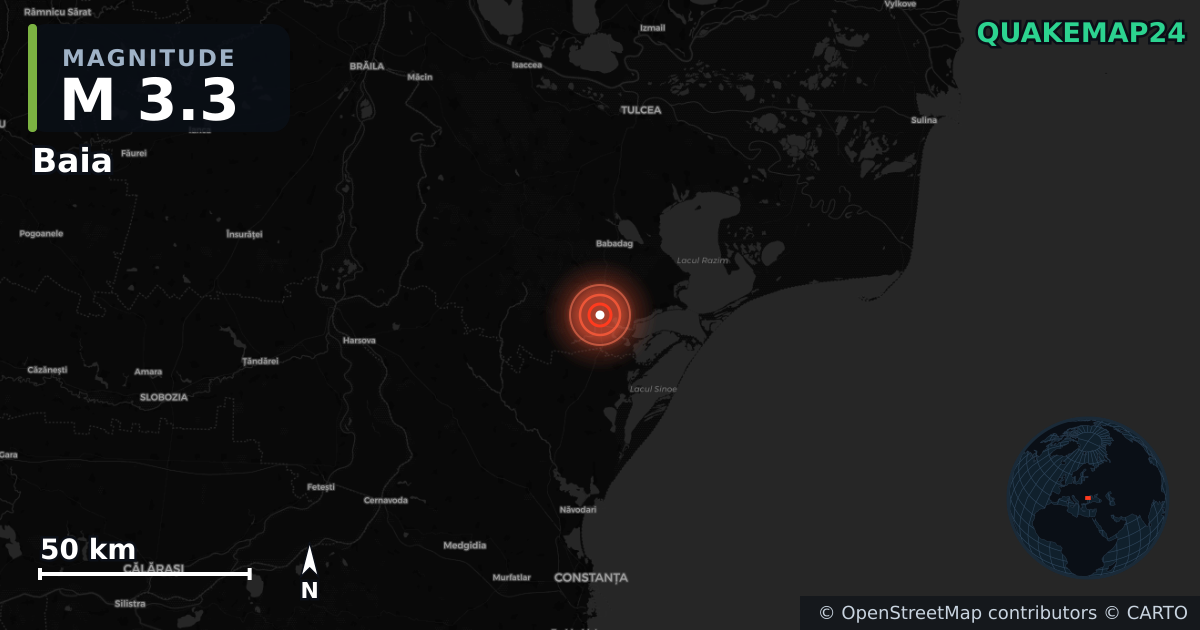 M3.3 earthquake near Baia on Feb 26, 2026 — map of epicenter and shaking intensity | QuakeMap24