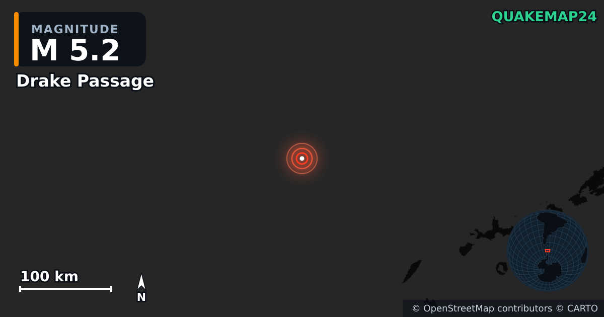 M5.2 earthquake near Drake Passage on Aug 27, 2025 — map of epicenter and shaking intensity | QuakeMap24