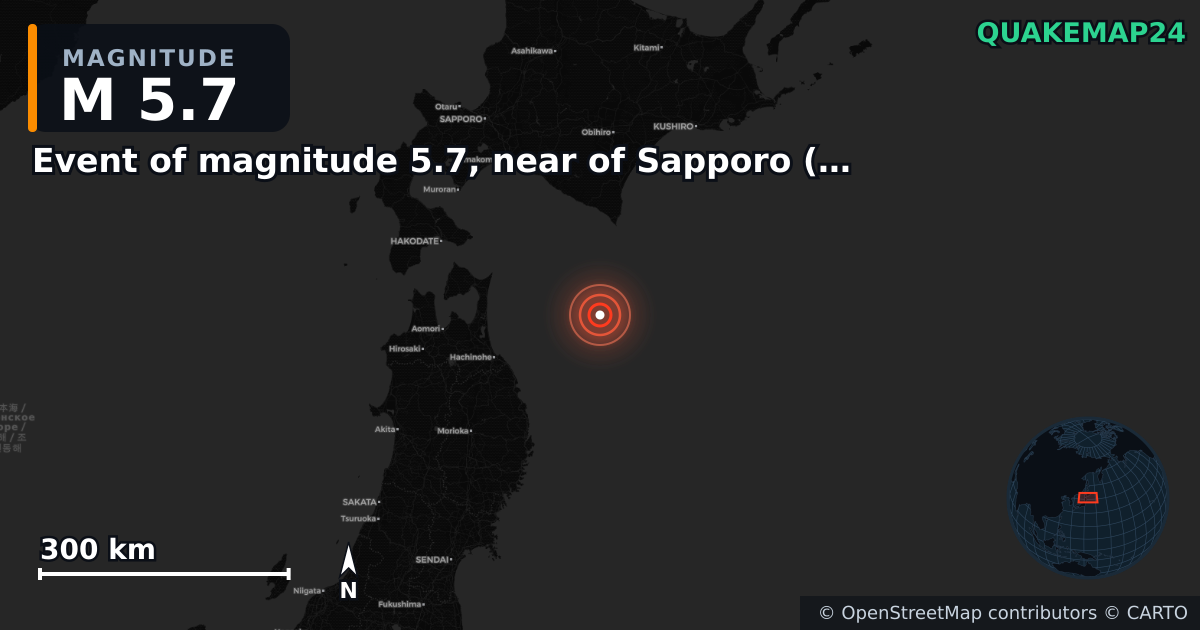M5.7 earthquake near Event of magnitude 5.7, near of Sapporo (Monde) on Dec 8, 2025 — map of epicenter and shaking intensity | QuakeMap24