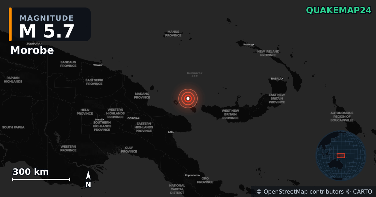 M5.7 earthquake near Morobe on Jan 5, 2026 — map of epicenter and shaking intensity | QuakeMap24