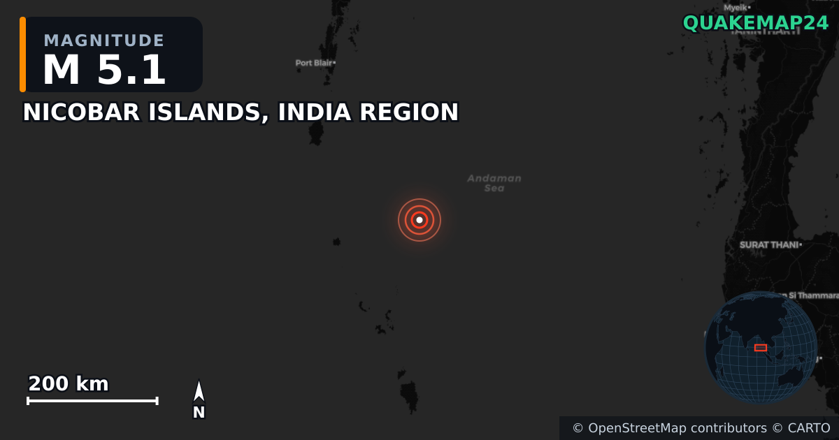 NICOBAR ISLANDS, INDIA REGION yakınında M5,1 deprem · 2025-06-30 — Deprem merkez üssünün konumunu gösteren harita