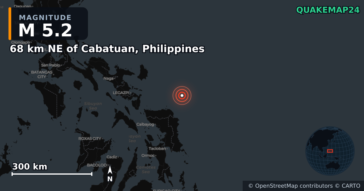 Sismo de M5,2 perto de 68 km NE of Cabatuan, Philippines · 2026-10-21 — Mapa da localização do epicentro