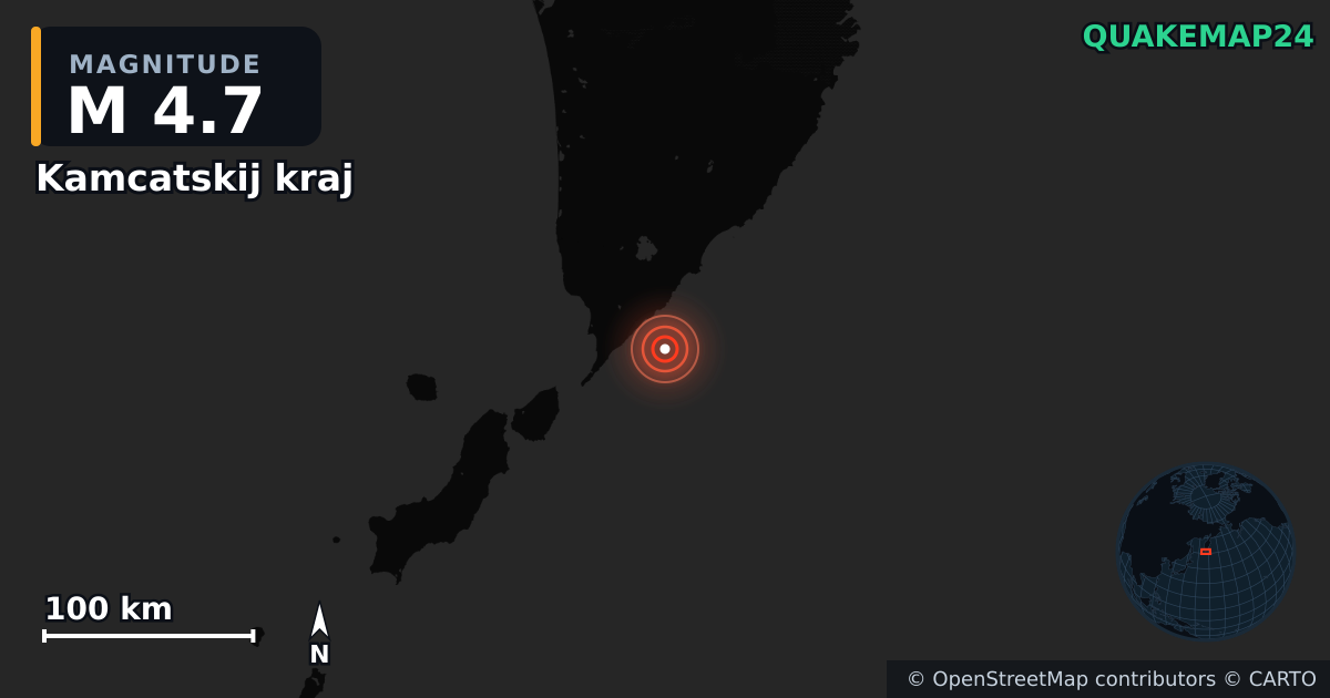 M4.7 earthquake near Kamcatskij kraj on Aug 12, 2025 — map of epicenter and shaking intensity | QuakeMap24