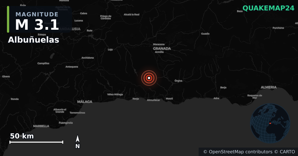 M3.1 earthquake near Albuñuelas on Feb 25, 2026 — map of epicenter and shaking intensity | QuakeMap24