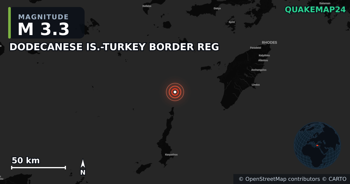 M3.3 earthquake near DODECANESE IS.-TURKEY BORDER REG on Jul 23, 2025 — map of epicenter and shaking intensity | QuakeMap24