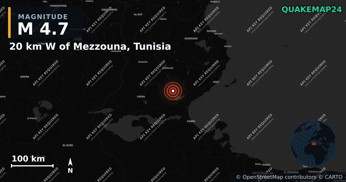 M4.7 earthquake near 20 km W of Mezzouna, Tunisia on Feb 3, 2025 — map of epicenter and shaking intensity | QuakeMap24