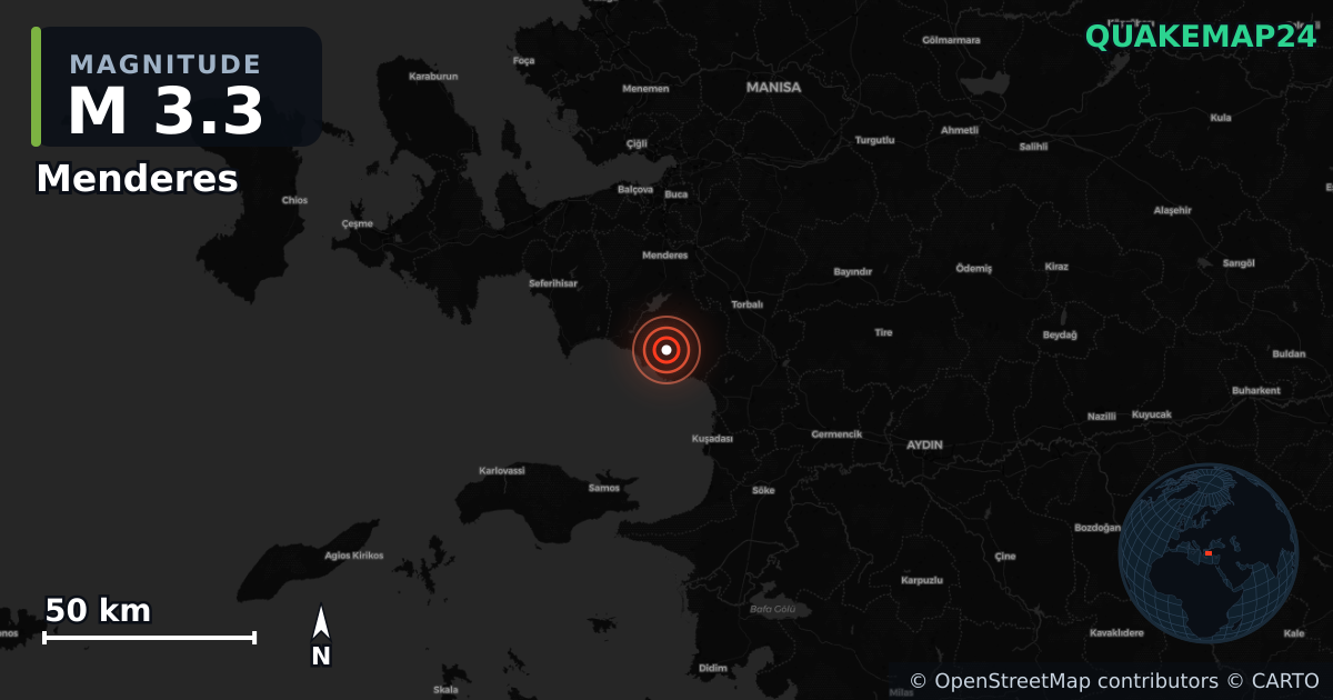 M3.3 earthquake near Menderes on Jul 24, 2025 — map of epicenter and shaking intensity | QuakeMap24