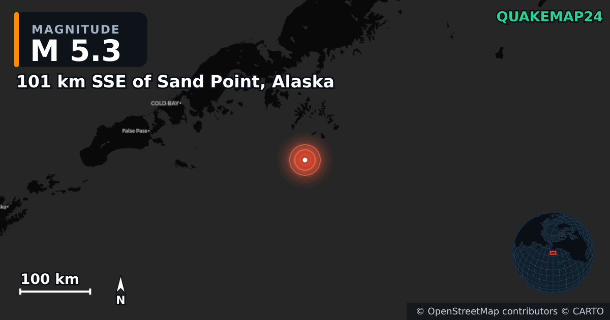 M5.3 earthquake near 101 km SSE of Sand Point, Alaska on Jul 17, 2025 — map of epicenter and shaking intensity | QuakeMap24