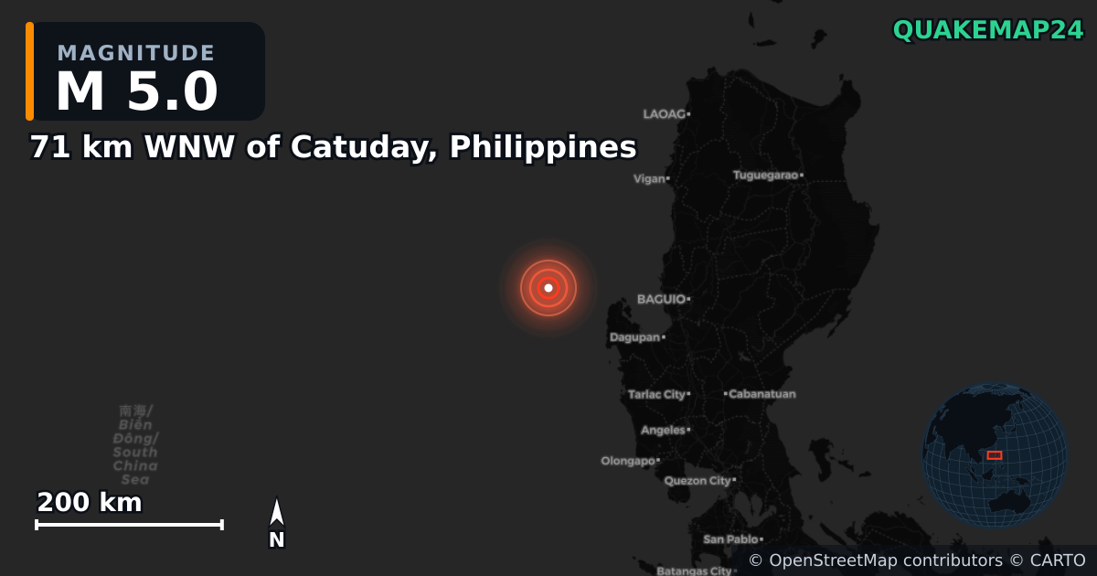 M5.0 earthquake near 71 km WNW of Catuday, Philippines on Jun 24, 2026 — map of epicenter and shaking intensity | QuakeMap24